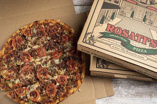 Picture of a specialty Rosati's pizza next to branded pizza boxes