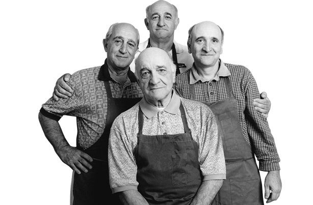 Cut out photo of four older Rosati brothers in collared shirts and aprons